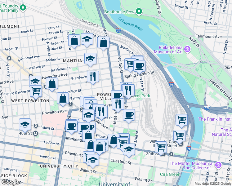 map of restaurants, bars, coffee shops, grocery stores, and more near 333 North 34th Street in Philadelphia