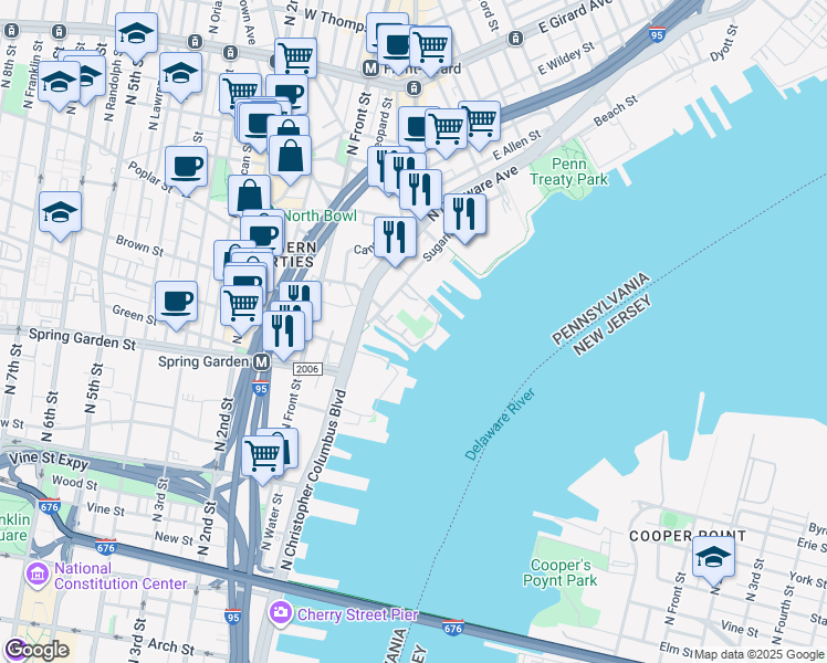 map of restaurants, bars, coffee shops, grocery stores, and more near 901 North Penn Street in Philadelphia