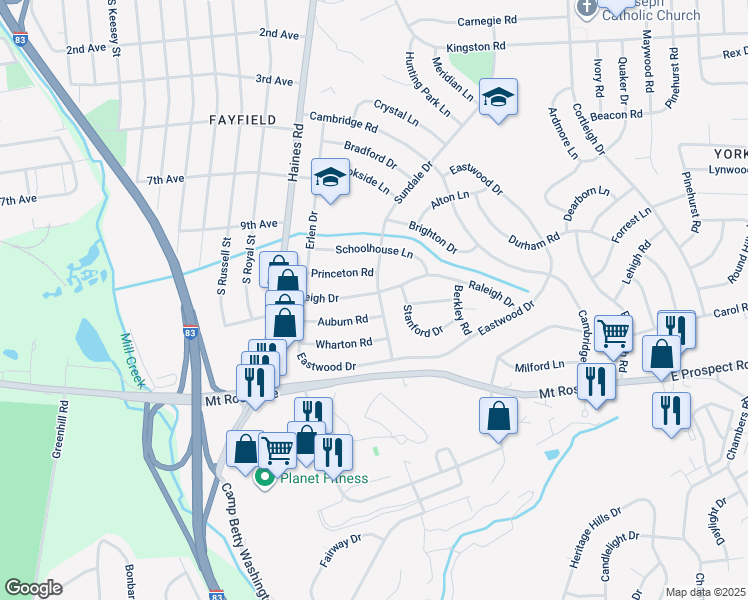 map of restaurants, bars, coffee shops, grocery stores, and more near 1000 Sundale Drive in York