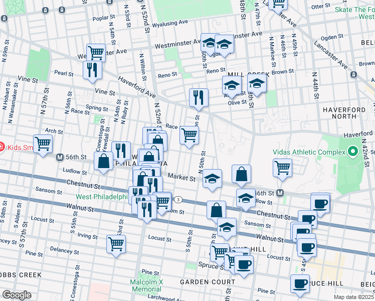 map of restaurants, bars, coffee shops, grocery stores, and more near 5037 Arch Street in Philadelphia