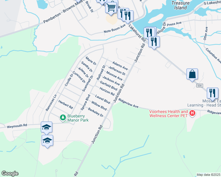 map of restaurants, bars, coffee shops, grocery stores, and more near 62 Garfield Blvd in Pemberton Township