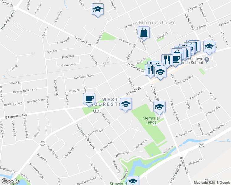 map of restaurants, bars, coffee shops, grocery stores, and more near 294 W 2nd St in Moorestown