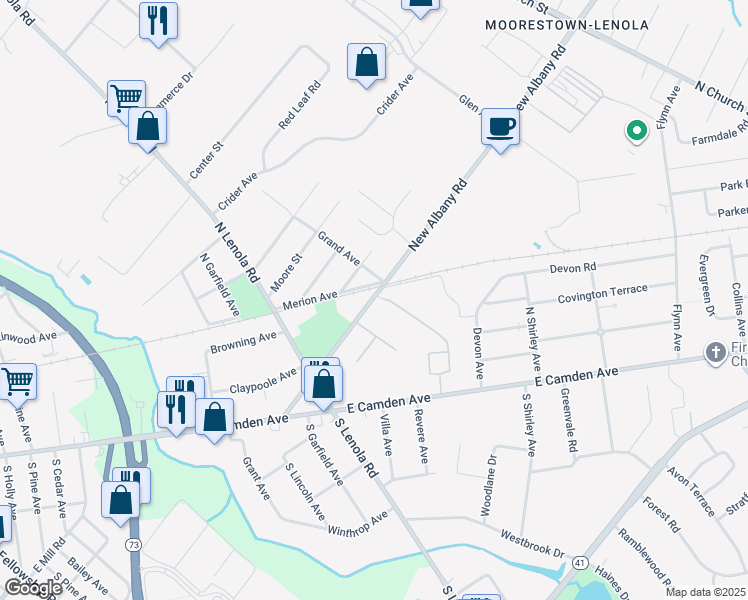 map of restaurants, bars, coffee shops, grocery stores, and more near 139 New Albany Road in Moorestown