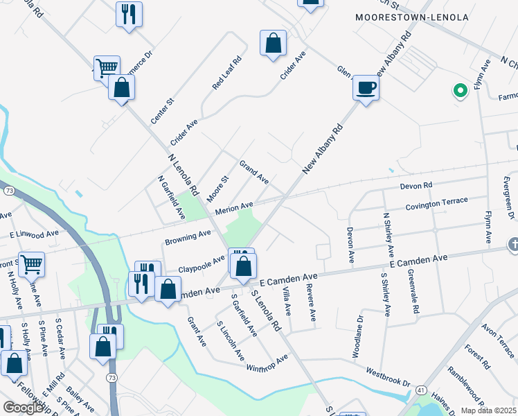 map of restaurants, bars, coffee shops, grocery stores, and more near 111 Winstead Avenue in Moorestown