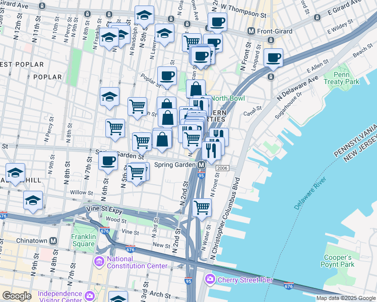 map of restaurants, bars, coffee shops, grocery stores, and more near 625 North 2nd Street in Philadelphia