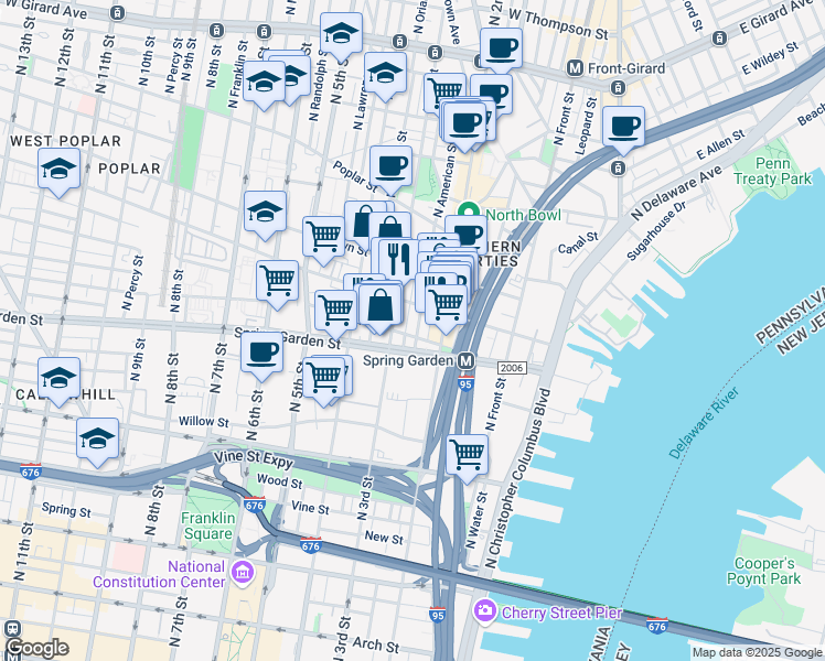 map of restaurants, bars, coffee shops, grocery stores, and more near 604 North American Street in Philadelphia