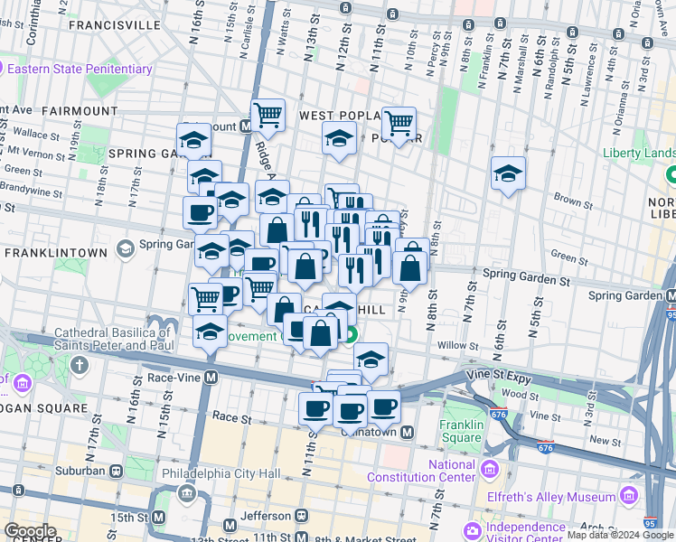 map of restaurants, bars, coffee shops, grocery stores, and more near 1034 Spring Garden Street in Philadelphia