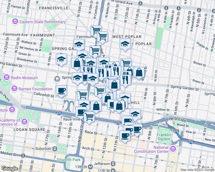 map of restaurants, bars, coffee shops, grocery stores, and more near 1234 Spring Garden Street in Philadelphia