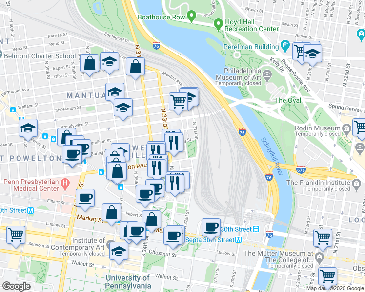map of restaurants, bars, coffee shops, grocery stores, and more near 3214 Baring Street in Philadelphia