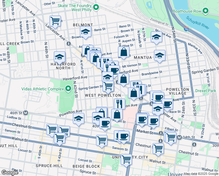 map of restaurants, bars, coffee shops, grocery stores, and more near Nectarine Street in Philadelphia