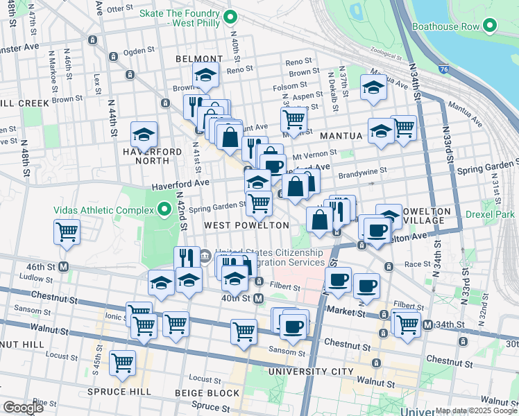 map of restaurants, bars, coffee shops, grocery stores, and more near 428 North 40th Street in Philadelphia