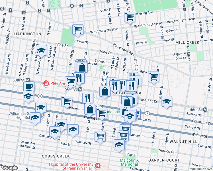 map of restaurants, bars, coffee shops, grocery stores, and more near 59 North Conestoga Street in Philadelphia