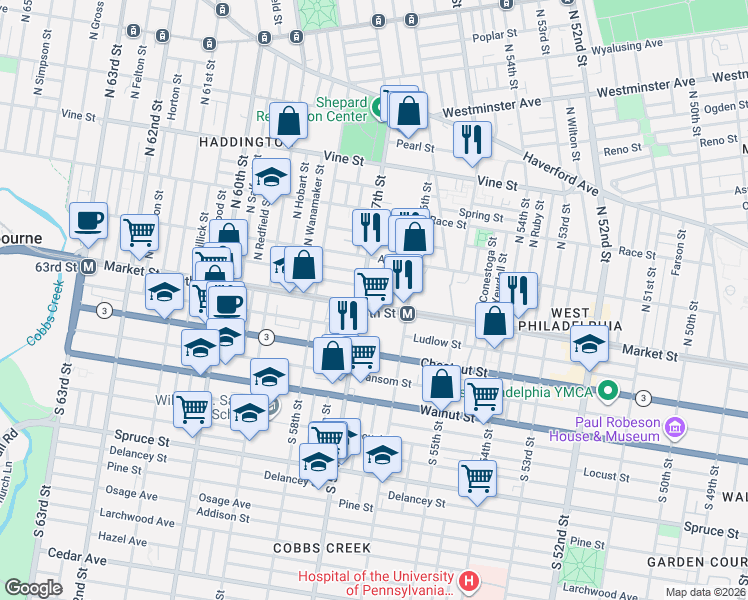 map of restaurants, bars, coffee shops, grocery stores, and more near 15 North Frazier Street in Philadelphia