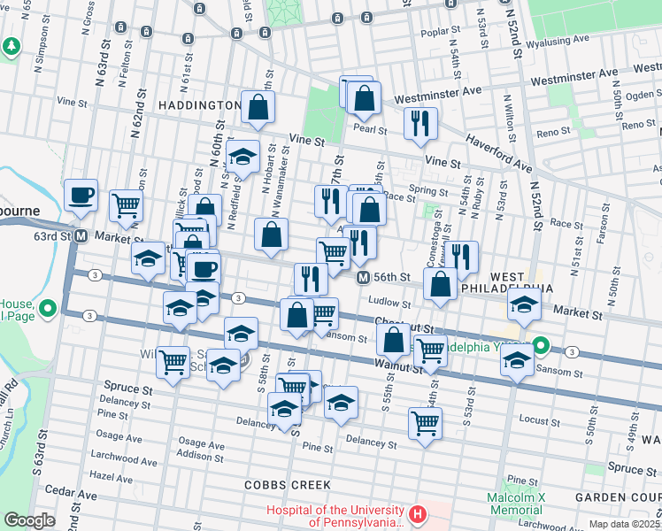 map of restaurants, bars, coffee shops, grocery stores, and more near 15 North Frazier Street in Philadelphia