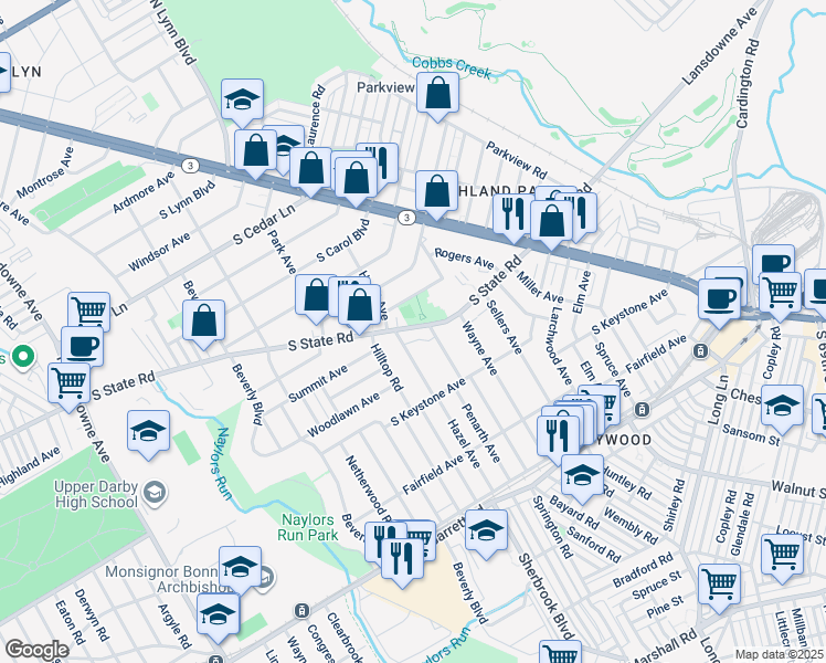 map of restaurants, bars, coffee shops, grocery stores, and more near in Delaware County