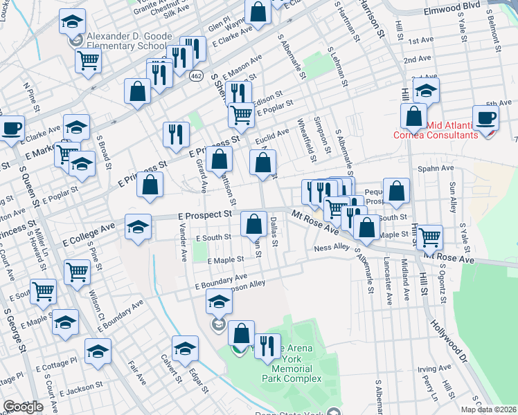 map of restaurants, bars, coffee shops, grocery stores, and more near 865 East Prospect Street in York