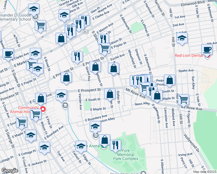 map of restaurants, bars, coffee shops, grocery stores, and more near 813 East Prospect Street in York