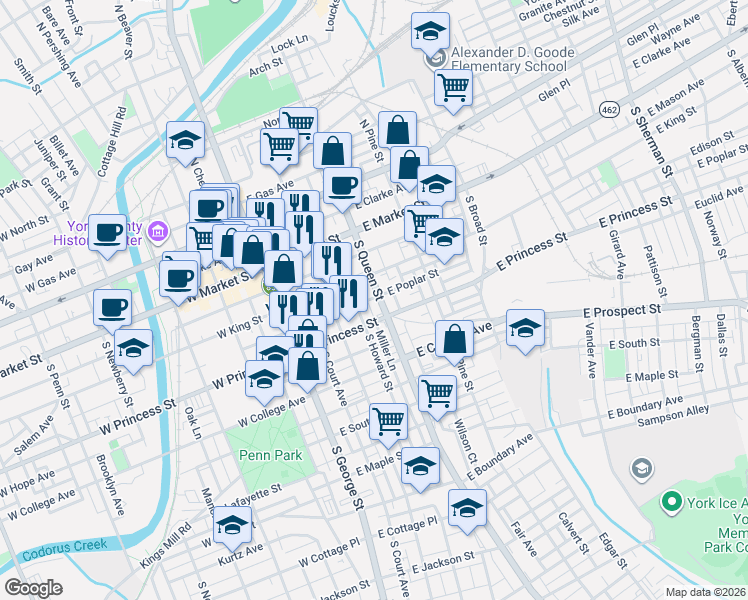 map of restaurants, bars, coffee shops, grocery stores, and more near 115 South Howard Street in York