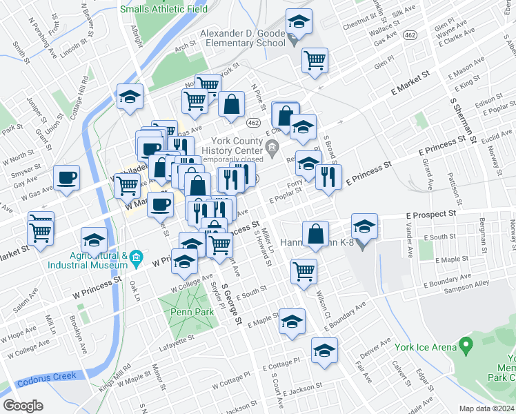 map of restaurants, bars, coffee shops, grocery stores, and more near 115 South Howard Street in York