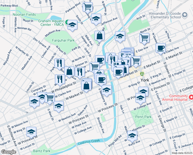 map of restaurants, bars, coffee shops, grocery stores, and more near 310 West Philadelphia Street in York
