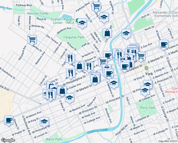 map of restaurants, bars, coffee shops, grocery stores, and more near 127 Roosevelt Avenue in York