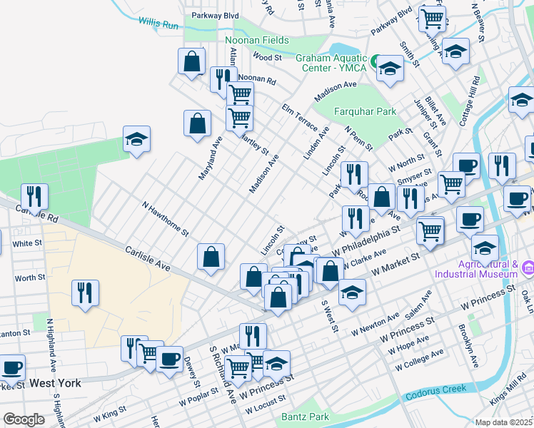 map of restaurants, bars, coffee shops, grocery stores, and more near 594 Linden Avenue in York