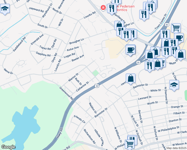 map of restaurants, bars, coffee shops, grocery stores, and more near 1140 Taxville Road in York