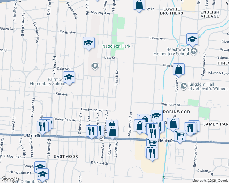 map of restaurants, bars, coffee shops, grocery stores, and more near 532 Barnett Road in Columbus