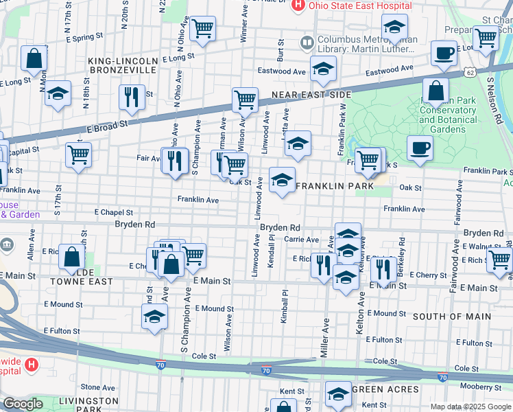map of restaurants, bars, coffee shops, grocery stores, and more near 1301 Franklin Avenue in Columbus