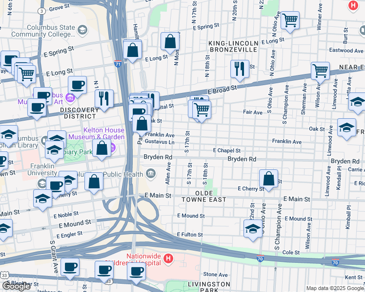 map of restaurants, bars, coffee shops, grocery stores, and more near 142 South Monroe Avenue in Columbus