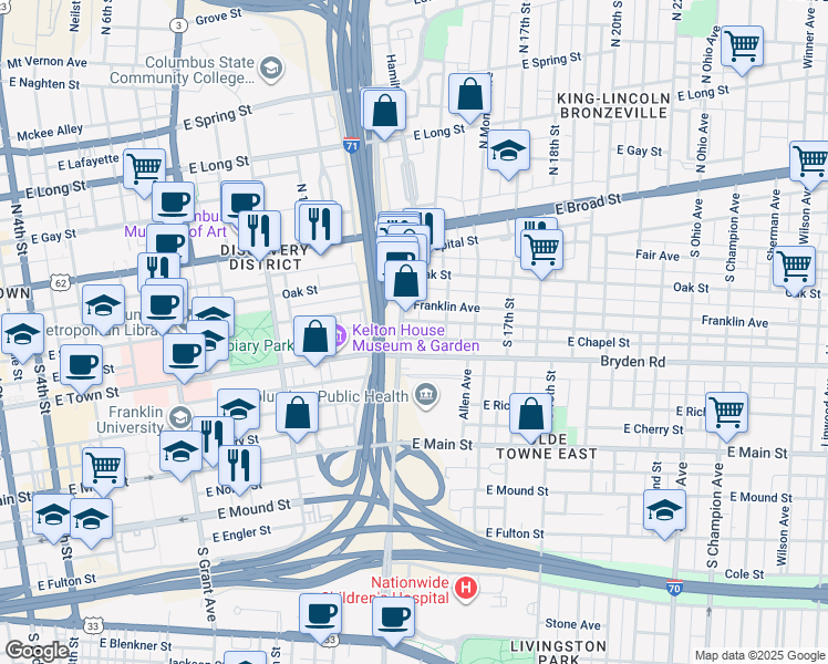 map of restaurants, bars, coffee shops, grocery stores, and more near 122 Parsons Avenue in Columbus
