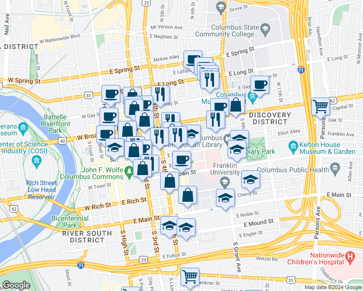 map of restaurants, bars, coffee shops, grocery stores, and more near 238 East State Street in Columbus