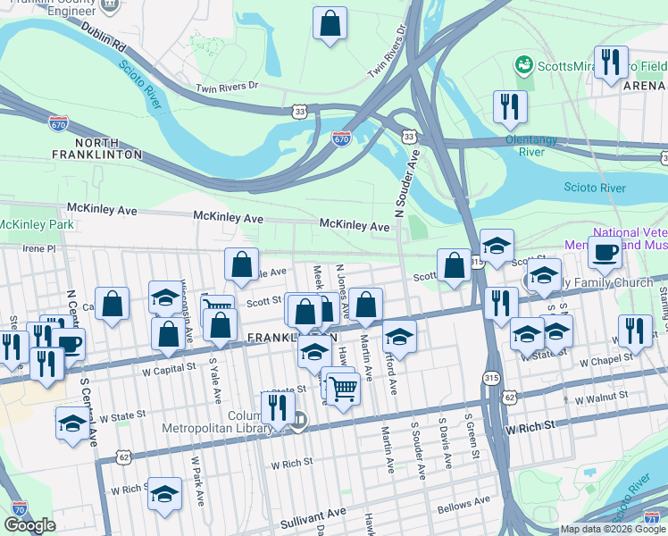 map of restaurants, bars, coffee shops, grocery stores, and more near 118 Meek Avenue in Columbus