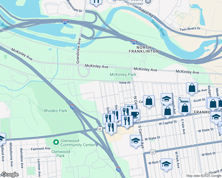 map of restaurants, bars, coffee shops, grocery stores, and more near 204 Stevens Avenue in Columbus