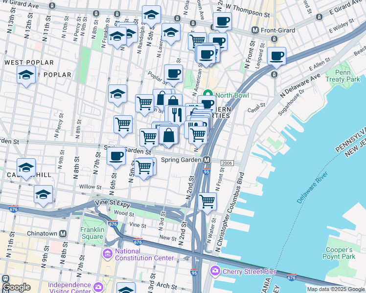 map of restaurants, bars, coffee shops, grocery stores, and more near 225 Green Street in Philadelphia
