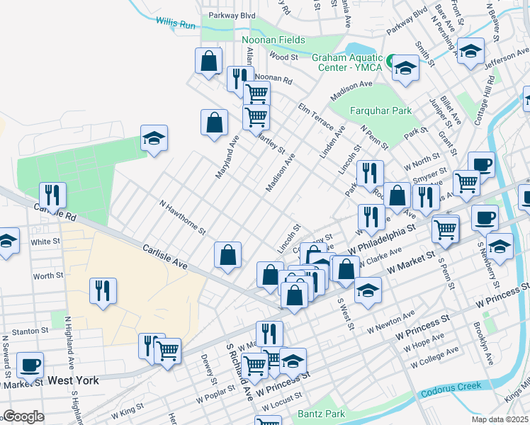 map of restaurants, bars, coffee shops, grocery stores, and more near 620 Fern Avenue in York