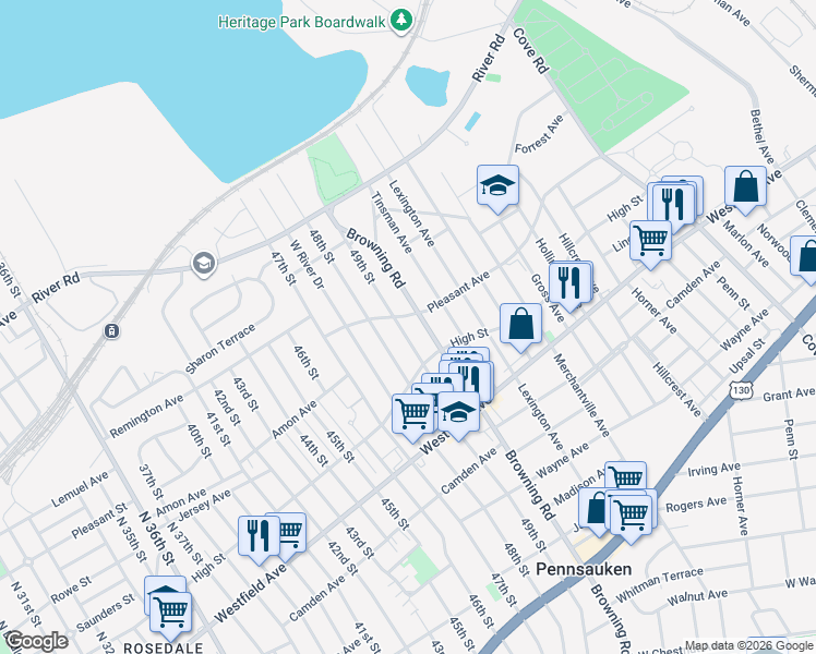 map of restaurants, bars, coffee shops, grocery stores, and more near 1714 49th Street in Pennsauken Township
