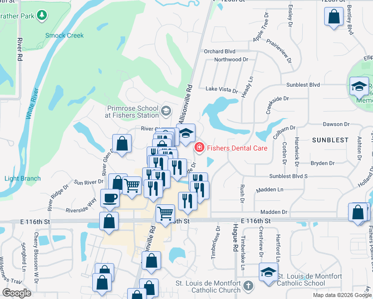 map of restaurants, bars, coffee shops, grocery stores, and more near 11965 Allisonville Road in Fishers