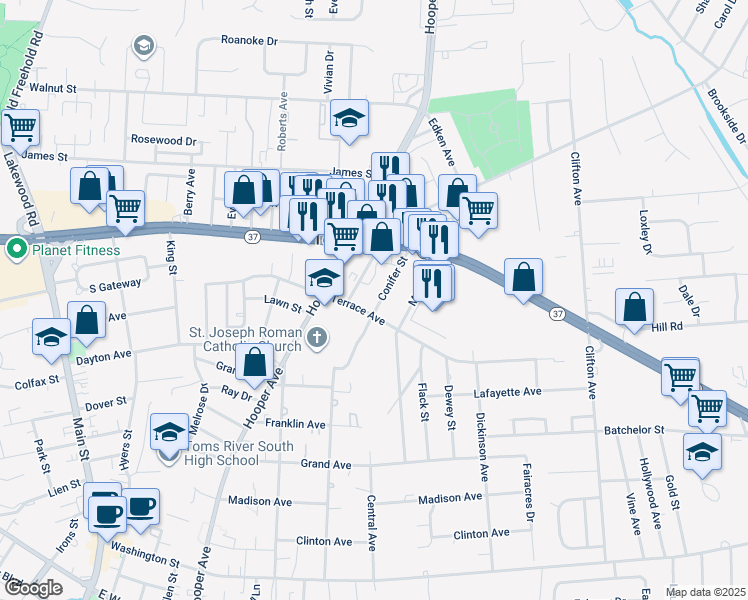 map of restaurants, bars, coffee shops, grocery stores, and more near 806 Conifer Street in Toms River