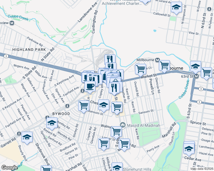map of restaurants, bars, coffee shops, grocery stores, and more near 6915 Ludlow Street in Upper Darby