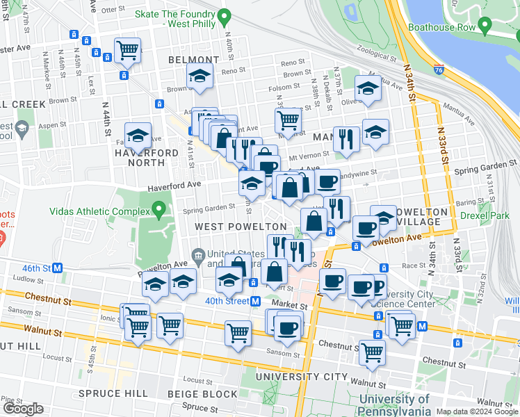 map of restaurants, bars, coffee shops, grocery stores, and more near 438 Sloan Street in Philadelphia