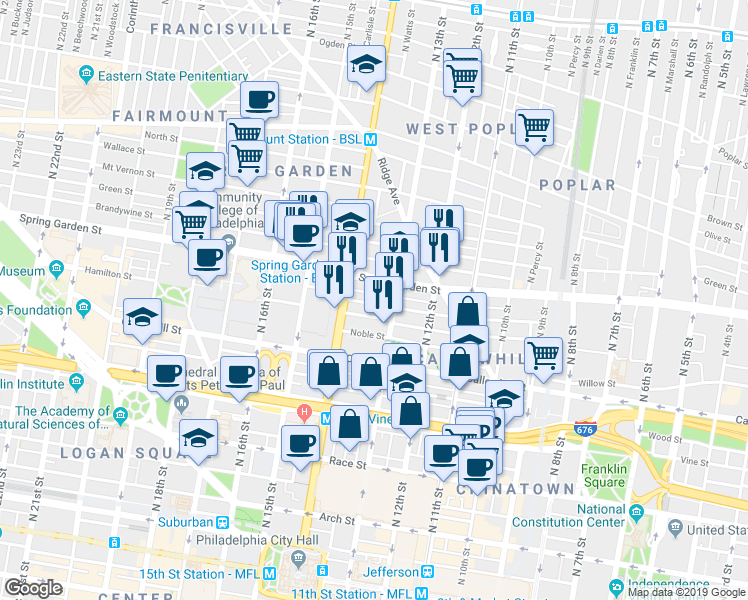 map of restaurants, bars, coffee shops, grocery stores, and more near 1323 Buttonwood Street in Philadelphia