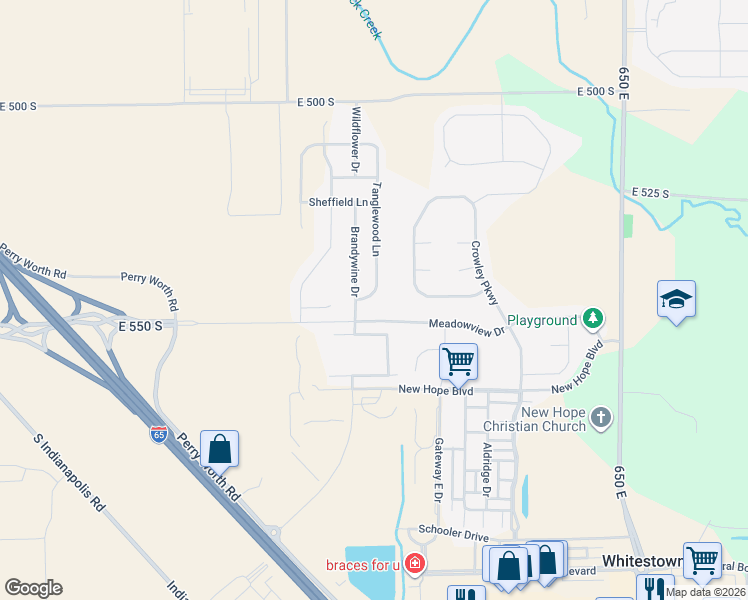map of restaurants, bars, coffee shops, grocery stores, and more near 5455 Tanglewood Lane in Whitestown