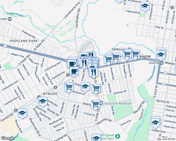 map of restaurants, bars, coffee shops, grocery stores, and more near 6915 Ludlow Street in Upper Darby