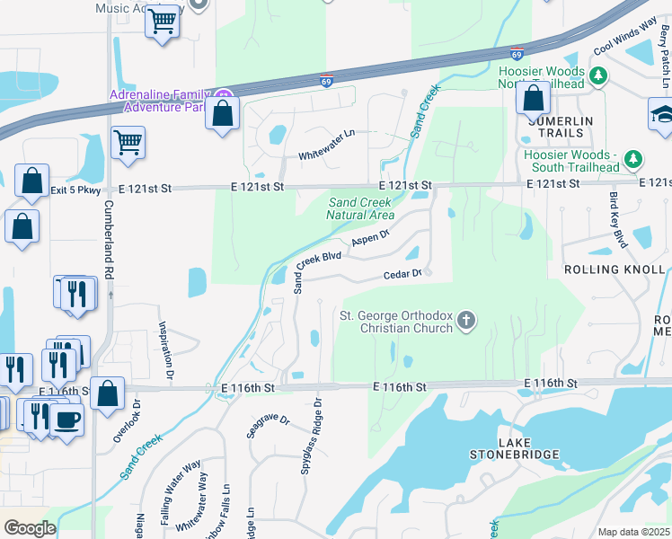 map of restaurants, bars, coffee shops, grocery stores, and more near 10432 Cedar Drive in Fishers