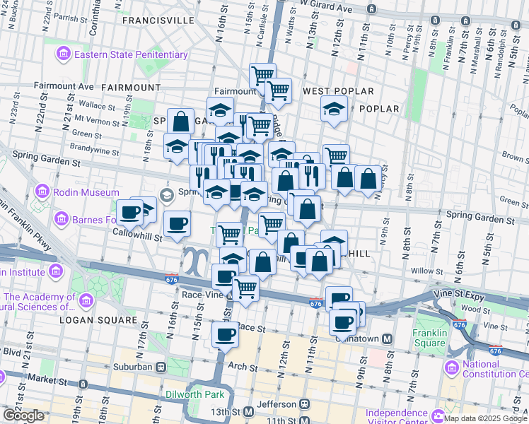 map of restaurants, bars, coffee shops, grocery stores, and more near 1327 Buttonwood Street in Philadelphia