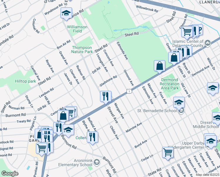 map of restaurants, bars, coffee shops, grocery stores, and more near 11 North Morgan Avenue in Havertown