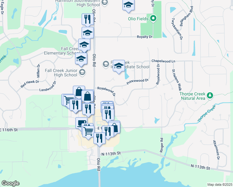 map of restaurants, bars, coffee shops, grocery stores, and more near 13930 Royalwood Drive in Fishers