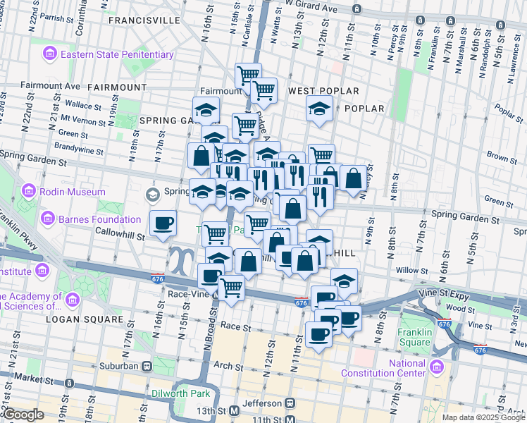 map of restaurants, bars, coffee shops, grocery stores, and more near 1234 Spring Garden Street in Philadelphia