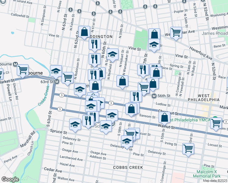 map of restaurants, bars, coffee shops, grocery stores, and more near 5854 Market Street in Philadelphia